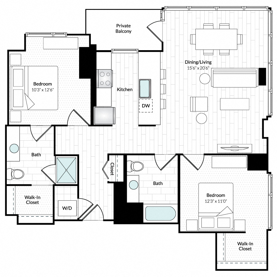 Floor plan for 2 beds, 2 baths, 1152 sqft